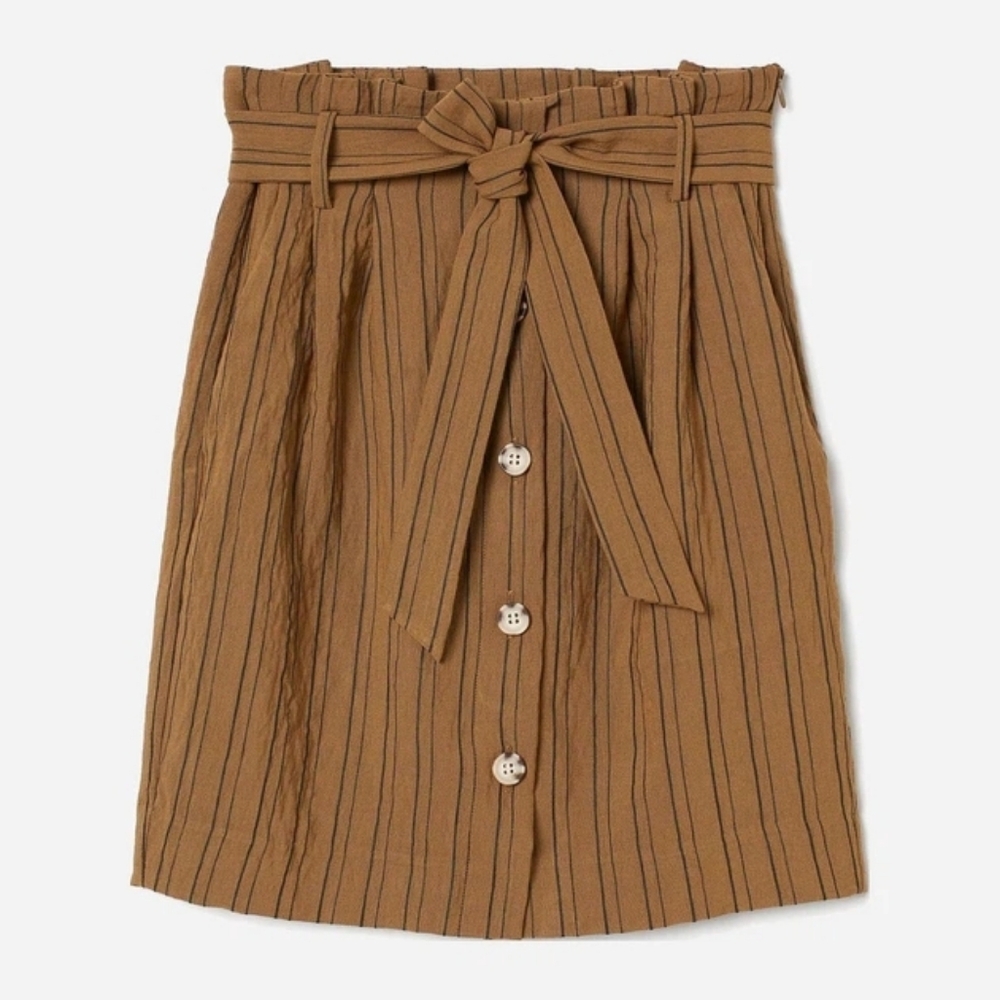 H&M Striped Paperbag Waist Mini Pencil Skirt Belted Brown Womens Size 6 Fall
